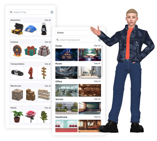 By adding background, elements and characters in the same style, we can build natural interaction between them.