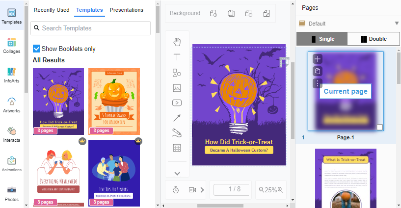 Flipbook templates in different topics are provided in the tool, you can start with the templates and customize them as your own work.