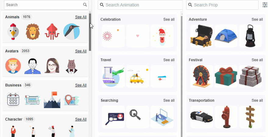 Different elements are provided in the flipbook creation, such as the 2D graphics, animated assets and also the 3D props.