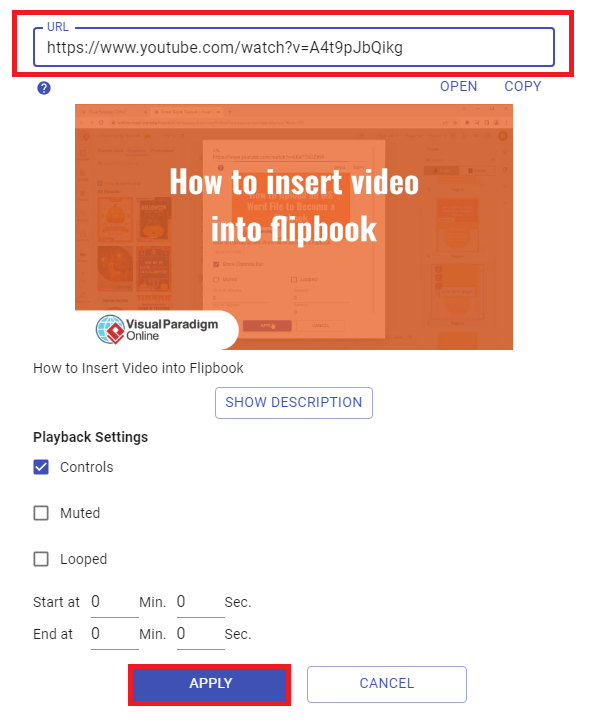 Setting of the video added to the digital flipbook.