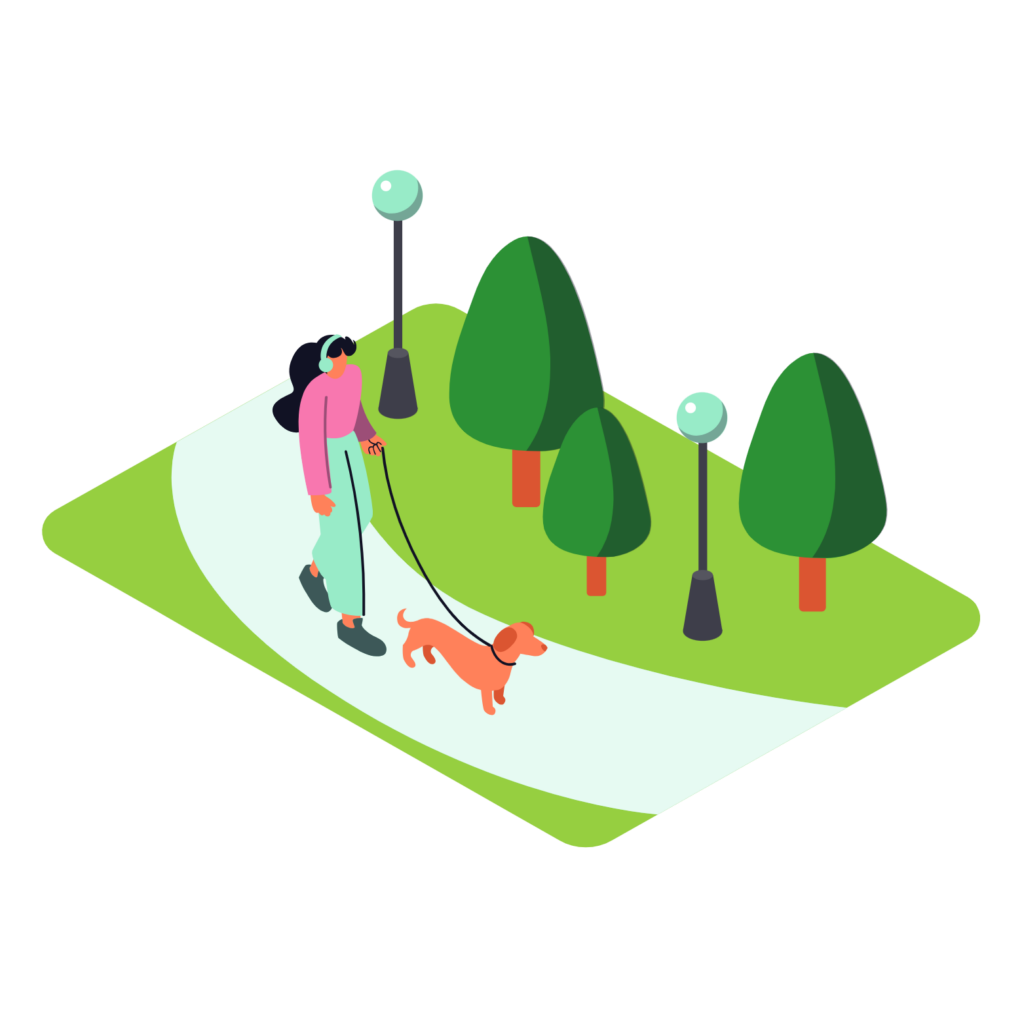 illustration of a girl who are walking-dog in a park.