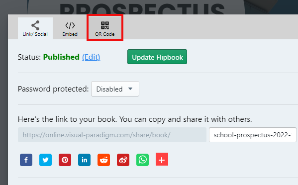 Different ways are provided for us to share the flipbook, such as link, embed and QR code.
