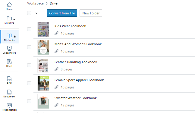 Manage the publishing of flipbooks on the Flipbook page of the workspace.